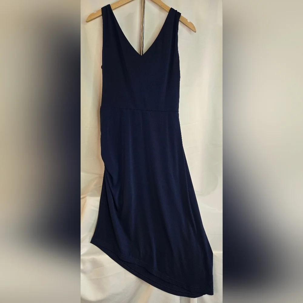Sam Edelman Cowl Neck Ruched Jersey Midi Dress | Size LARGE Navy Blue - Picture 10 of 15